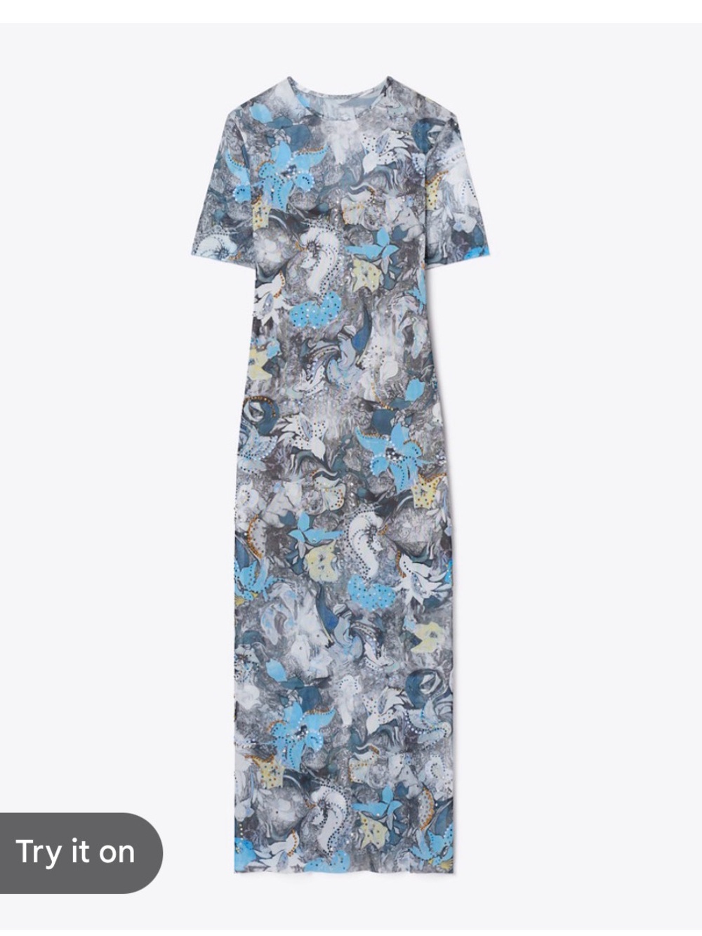 Tory Burch Blue and Gray Mesh Floral-Print Short Sleeve Maxi Dress - Picture 1 of 5